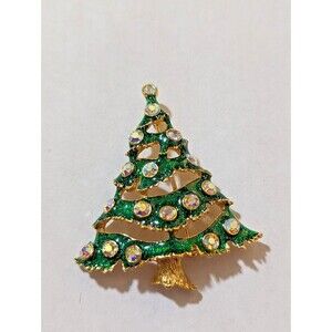 Vintage signed holiday Christma tree brooch 2" aurora borealis rhinestones AS